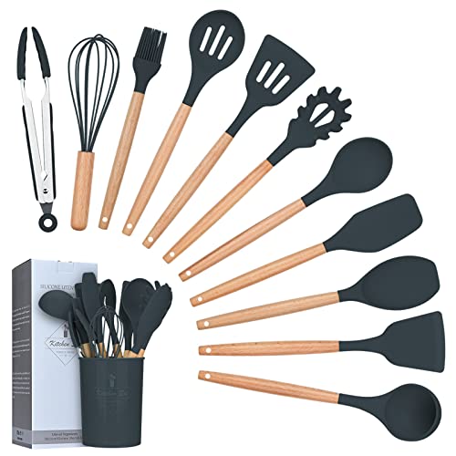 Lychee Silikon Kochgeschirr Set,12 Stücke Advanced Hitzebeständige Küchengeräte Kochzubehör Antihaft-Küchenbackwerkzeuge,Kochwerkzeug,BPA-frei (Grau)