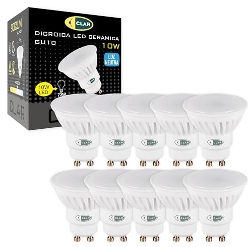 CLAR- LED GU10 LED Neutrales Weiß, 10W GU10 LED, Leuchtmittel GU10, GU 10 LED, LED Lampe GU10, LED Leuchtmittel GU10 Neutrales Weiß 4000ºk (Pack 10)
