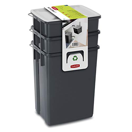 CURVER Abfalleimer Set Abfalltrennungsset Mülleimer 2x10L + 6L Küchen-Mülleimer Mülleimer Mülltrennsystem Tragegriff Deckel inkl. Halterung