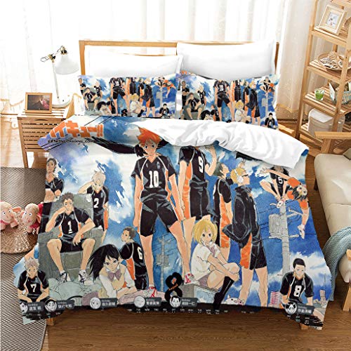 Anjinguang Anime Haikyuu 3-teiliges extra weiches Mikrofaser-Bettwäsche-Set – 1 Schmusetuch und 2 Kissenbezüge – gemütliche, atmungsaktive Bettlaken, Bezug für Schlafzimmerdekoration