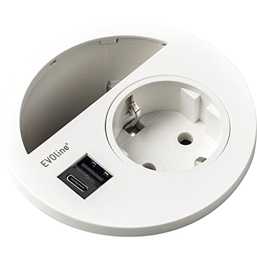 EVOline Circle80 Steckdose mit Kabeldurchgang und USB-A+C-Doppelcharger, weiß