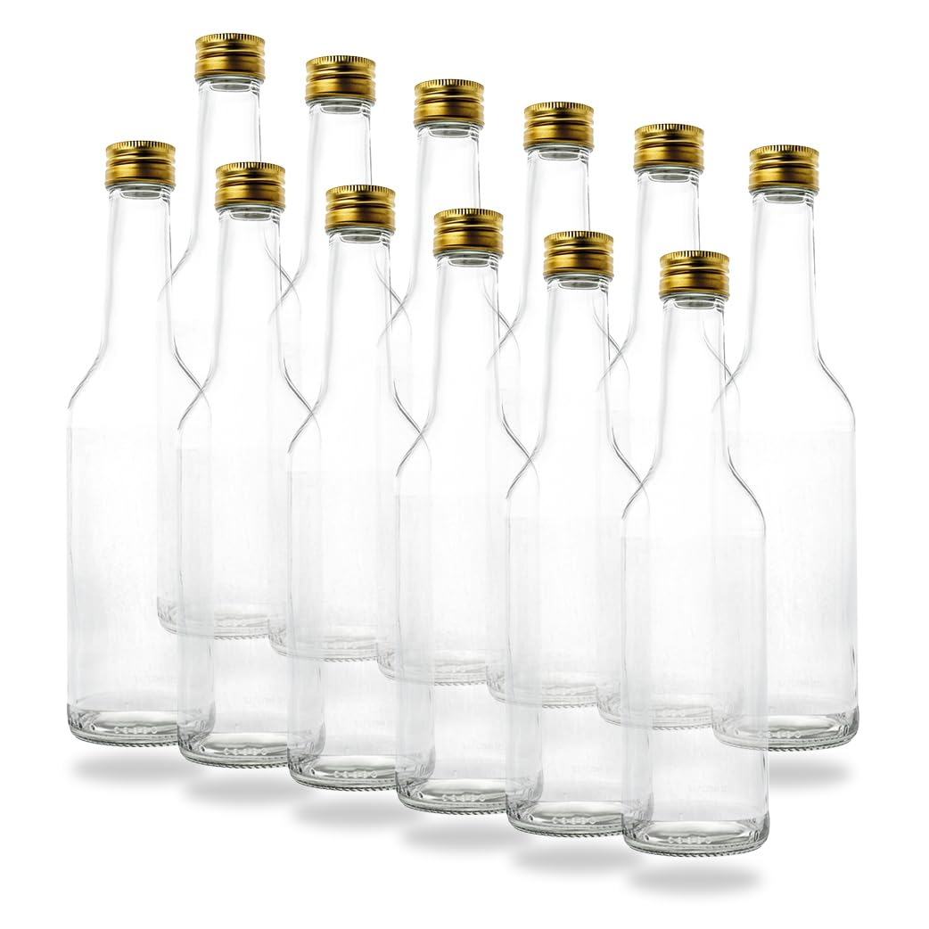 12 Kleine Glasflaschen 350ml (0,35l) mit PP28 Schraubverschluss Gold – leere, kleine Flaschen zum Befüllen, z.B. leere Weinflaschen, kleine Schnapsflaschen, Likörflaschen 350 ml