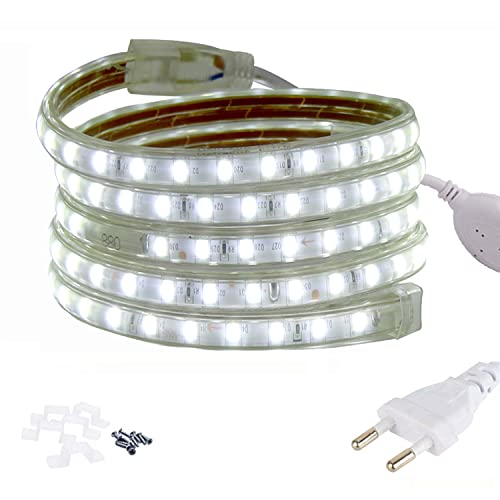 FOLGEMIR 3m Kalt Weiß LED Band, 5050 SMD Lichtleiste, 60 Leds/m Strip, IP65 wasserdicht Lichtschlauch, 230V helle Beleuchtung