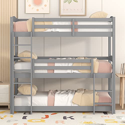 Idemon Single-Size-Holz-Dreier-Etagenbett für Kinder, Grau (90 * 200cm)