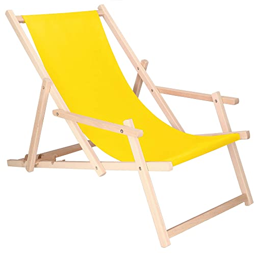 SPRINGOS Holz-Liegestuhl Sonnenliege Gartenliege mit Armlehnen Klappstuhl Freizeitliege (Gelb)