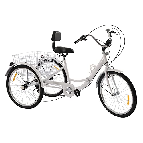 AOOUNGM Faltbares Dreirad für Erwachsene 24-Zoll-Dreirad 7 Gang mit Getränkehalter Und Scheinwerfer für Senioren und Erwachsene, Weiß