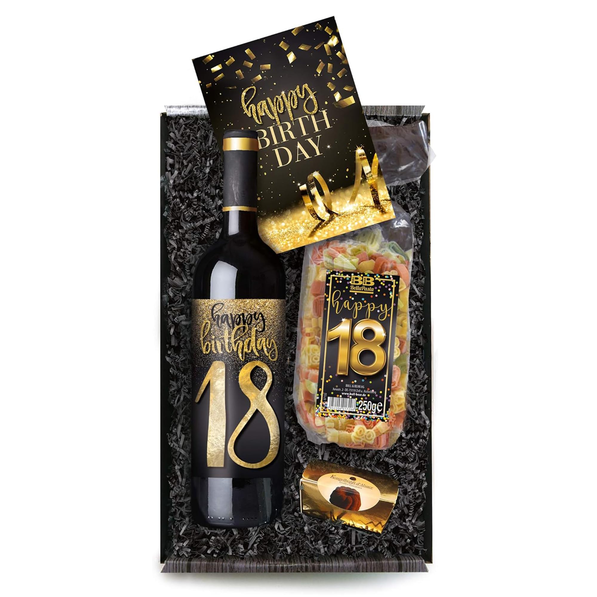 Bull & Bear Geschenkbox "Happy Birthday 18", Set mit Rotwein, Nudeln und Geburtstagskarte, Geschenk zum 18. Geburtstag