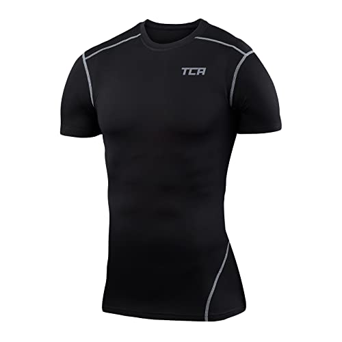 TCA Herren Pro Performance Shirt, Thermo, schnelltrocknendes Sportshirt, kurzärmliges und elastisches Funktionsshirt mit Passform Kompression - Schwarz (Alt), L