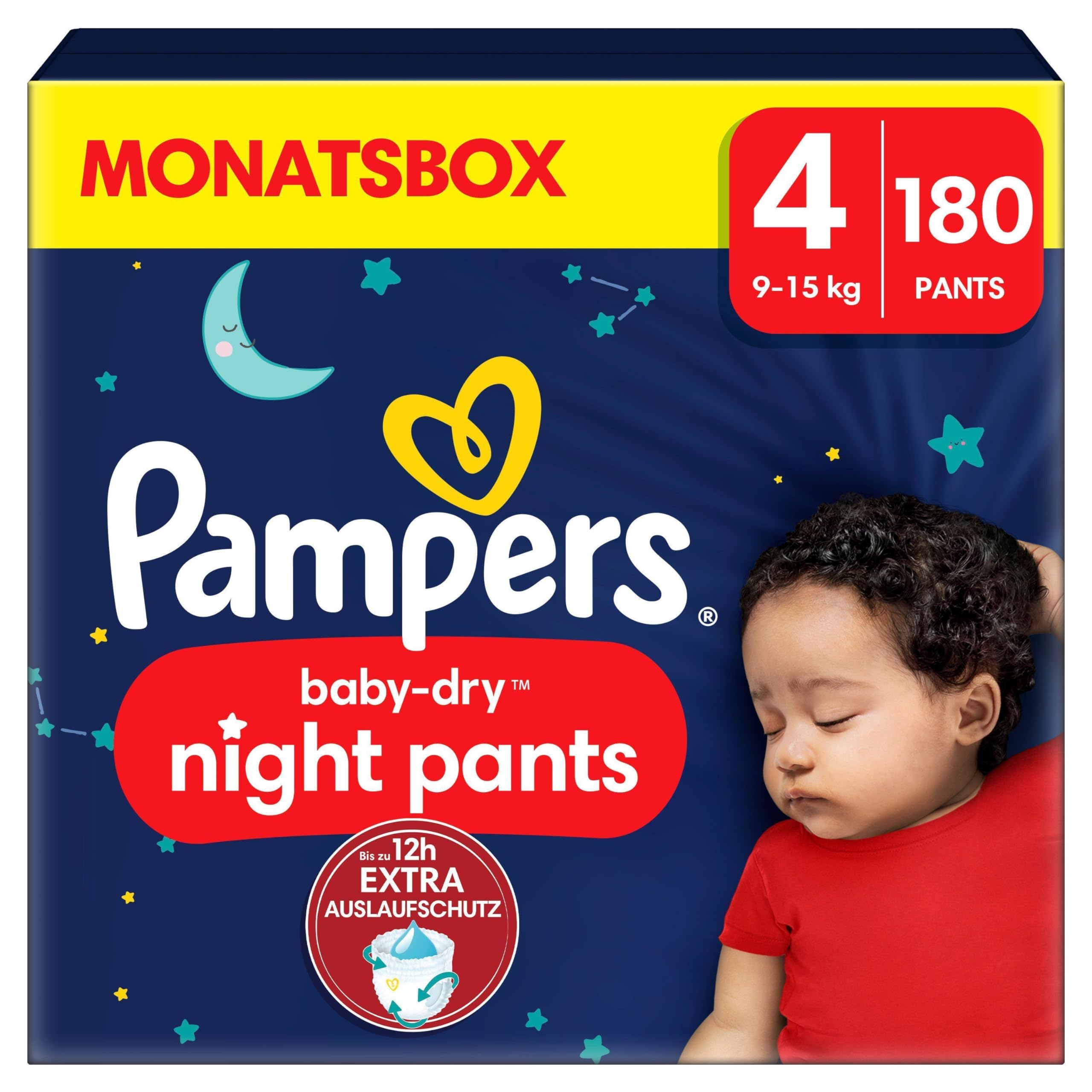 Pampers Night Windeln Pants Größe 4 (9kg-15kg) Baby-Dry, MONATSBOX, Windelhöschen bieten zusätzlichen Schutz für die ganze Nacht, 180 Höschenwindeln