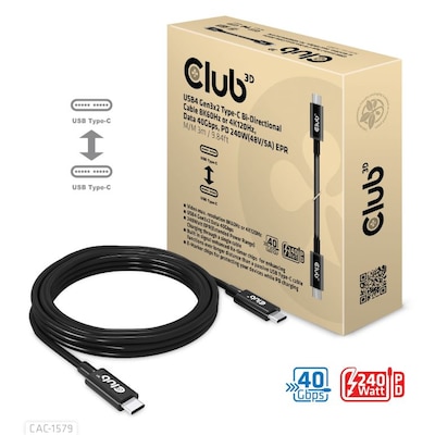 Club3D CAC-1579 USB4 Gen3x2 Type-C Bi-Direktionale Kabel 8K60Hz oder 4K120Hz, Data 40Gbps, PD 240W(48V/5A) EPR St/St 3m