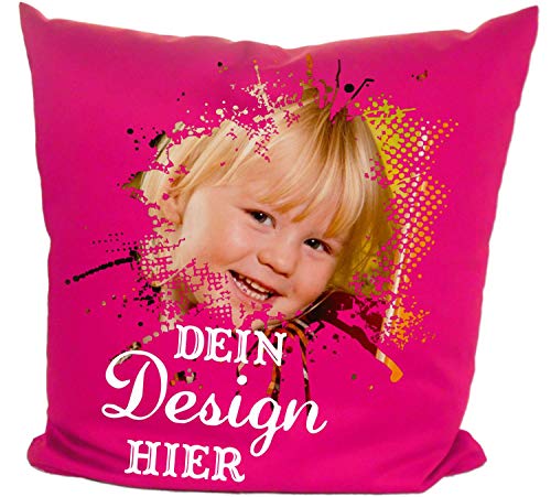 DRUCKREICH Kissen selbst gestalten, Fotokissen mit Wunschtext, Logo, Motiv, Foto, personalisiert (pink, Mit Füllung)