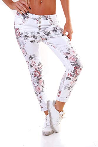 OSAB-Fashion 10255 Damen Hose Skinny Chino Treggings Stretch Pants Baumwolle Blumen Knopfleiste