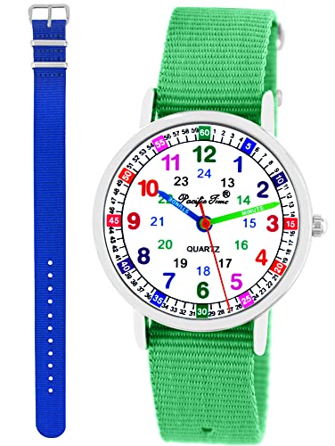 Pacific Time Kinder Armbanduhr Mädchen Jungen Lernuhr Kinderuhr Set 2 Textil Armband grün + royal blau analog Quarz 11105