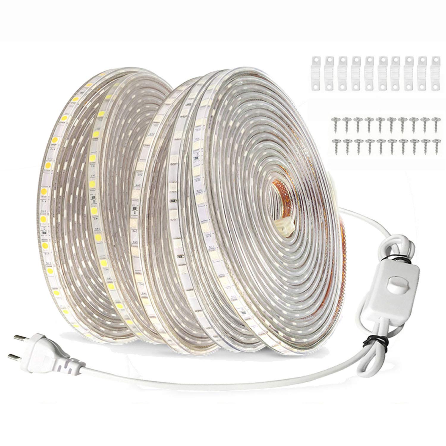 FOLGEMIR 20m LED Band mit Schalter - Kalt Weiß, 220V 230V Beleuchtung, 60 Leds/m, IP65 wasserdicht Lichtschlauch (Kalt Weiß, 20m)