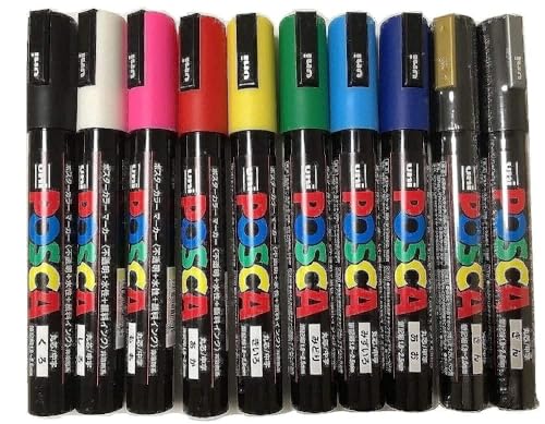 Uni-Ball POSCA PC-5M [10 Pen Set] includes 1 of each - Black, White, Pink, Red, Yellow, Green, Blue, Light Blue, Silver and Gold