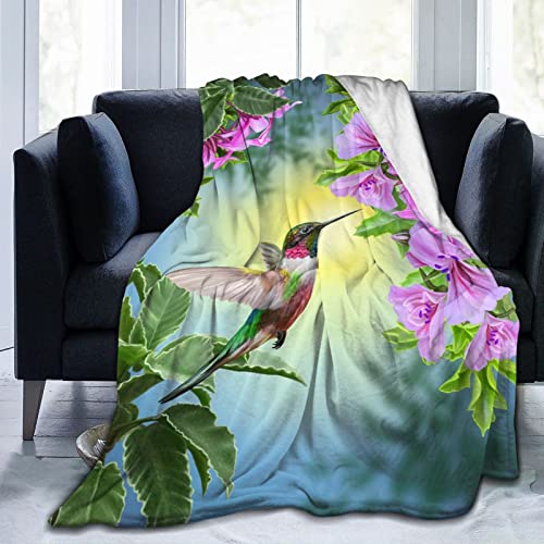 Rosa Blumen und Grün-Blätter-Flanell-Decke Leicht Vogel Hummingbird urgemütliches Bett Decke für alle Jahreszeit Frühling, Sommer, Herbst Wirft für Couch-Bett Sofa 80 „x60“