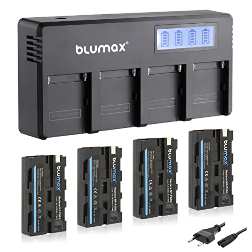 Blumax 4X Akku NP-F550 / NP-F570-2400mAh+ LCD 4-Kanal Schnell-Ladegerät | kompatibel mit Sony NP-F530 NP-F960 für Blitzgeräte Videoleuchten Fieldmonitore