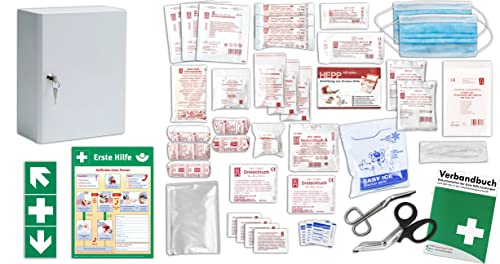 Erste Hilfe Schrank-Medizinschrank-Verbandschrank (247x110x300) -Komplettpaket- Füllung nach NEUER DIN/EN 13157:2021 (Betriebe) + viele Extras INKL. Verbandbuch + Aushang + Folienaufkleber