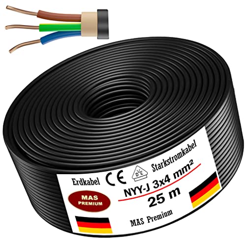 MAS-Premium Erdkabel - Starkstromkabel - Aussenkabel - Elektrokabel - Kabelring zur Verlegung im Freien und Erdreich - Stromkabel - Made in Germany - Schwarz - (NYY-J 3x4 mm², 25m)