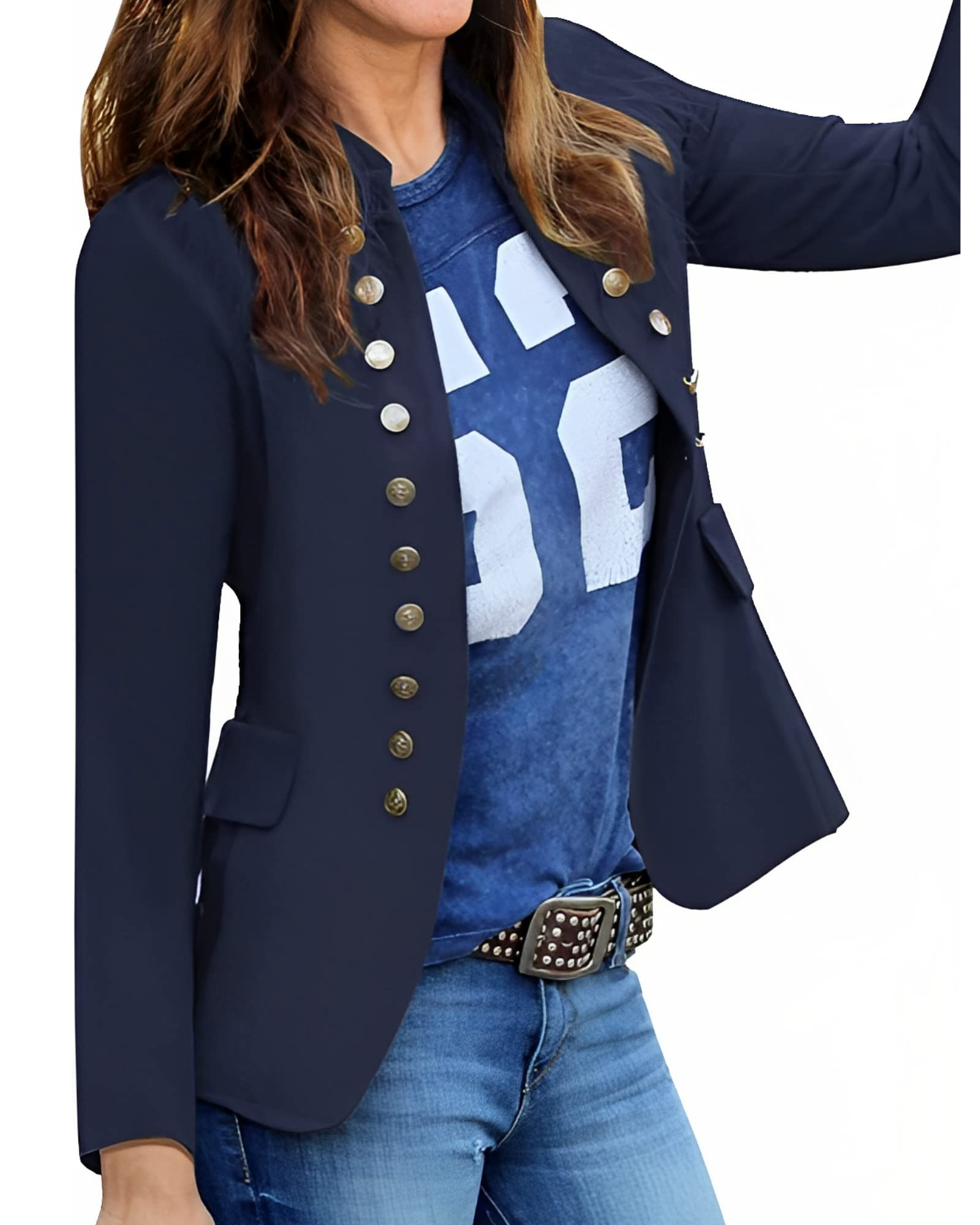 Roskiky Damen Blazer für Frauen, Cardigan, Freizeit Business Jacke, mit Taschen, Deko Knöpfe vorne Navy Blau Größe Medium (Fits EU 40-EU 42)