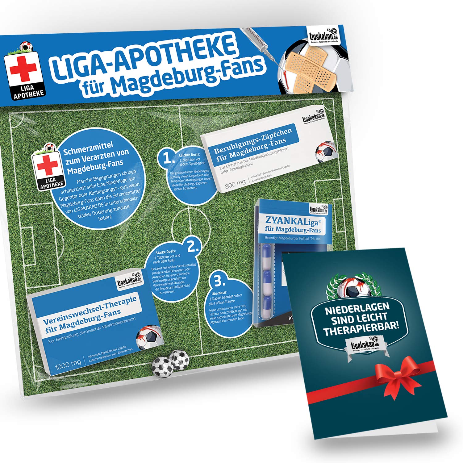 Geschenk-Set: Die Liga-Apotheke passend für Magdeburg-Fans | 3X süße Schmerzmittel für Madgeburg Fans | Die besten Fanartikel der Liga, Besser als Trikot, Home Away, Saison 18/19 Jersey