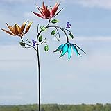 fasloyu Großes Blumen Windspiel aus Metall mit drei sich drehenden Blumen und Schmetterlingen Windrad, Windmühle für Hof und Garten, Outdoor Dekoration - 180x30cm (D)