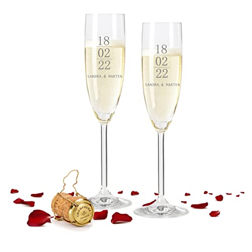 FORYOU24 Leonardo 2 Sektgläser mit Gravur des Namens zur Hochzeit Motiv Date Sekt-Glas graviert Geschenkidee