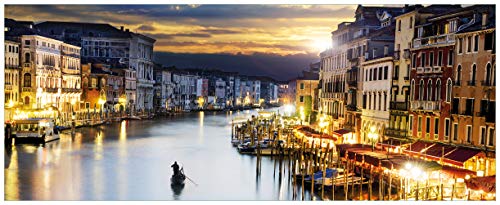 Wallario Glasbild Canal Grande in Venedig am Abend mit untergehender Sonne - 32 x 80 cm Wandbilder Glas in Premium-Qualität: Brillante Farben, freischwebende Optik