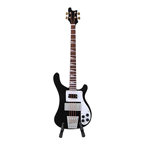 Hongzer Gitarreninstrument, schwarz Miniatur Bassgitarre Replikat mit Ständer und Koffer Instrument Modell Ornamente Geschenk
