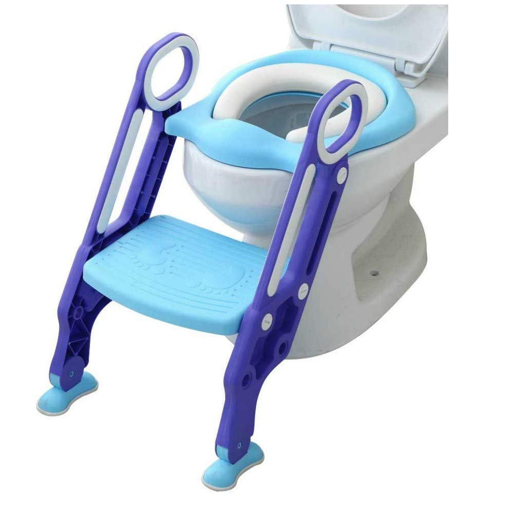 RANZIX 3 in 1 Töpfchentrainer Toilettensitz für Kinder Toilettentrainer Lerntöpfchen mit Treppe Armlehnen PU Gepolstert Rutschfest Höhenverstellbar (Blau Lila)