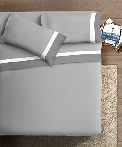 Bettwäsche-Set mit Doppel-Rüschen, aus Baumwolle, für Doppelbett, Satin, Grau SC/Weiß, Hintergrund Grau