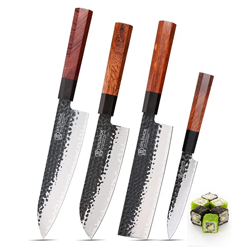 WILDMOK 4-teiliges Küchenmesser-Set Kochmesser Santokumesser Nakiri-Messer Allzweckmesser – 3-lagige 9CR18MOV-Klinge aus legiertem Stahl mit achteckigem Griff