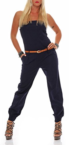 Malito Damen Einteiler in Uni Farben | Overall mit Gürtel | Langer Jumpsuit - Romper - Hosenanzug 1585 (dunkelblau, L)