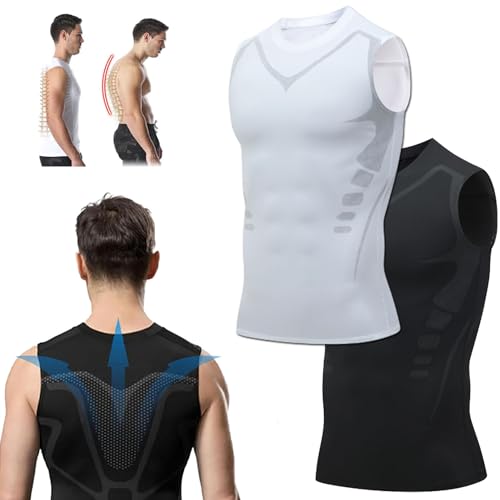 Menionic Tourmaline Posturecorrector Vest, Gfouk™ Menionic Tourmaline Posturecorrector Vest, Posture Corrector for Men, Ionic Shaping Sleeveless Shirt (L,Black,White-A)