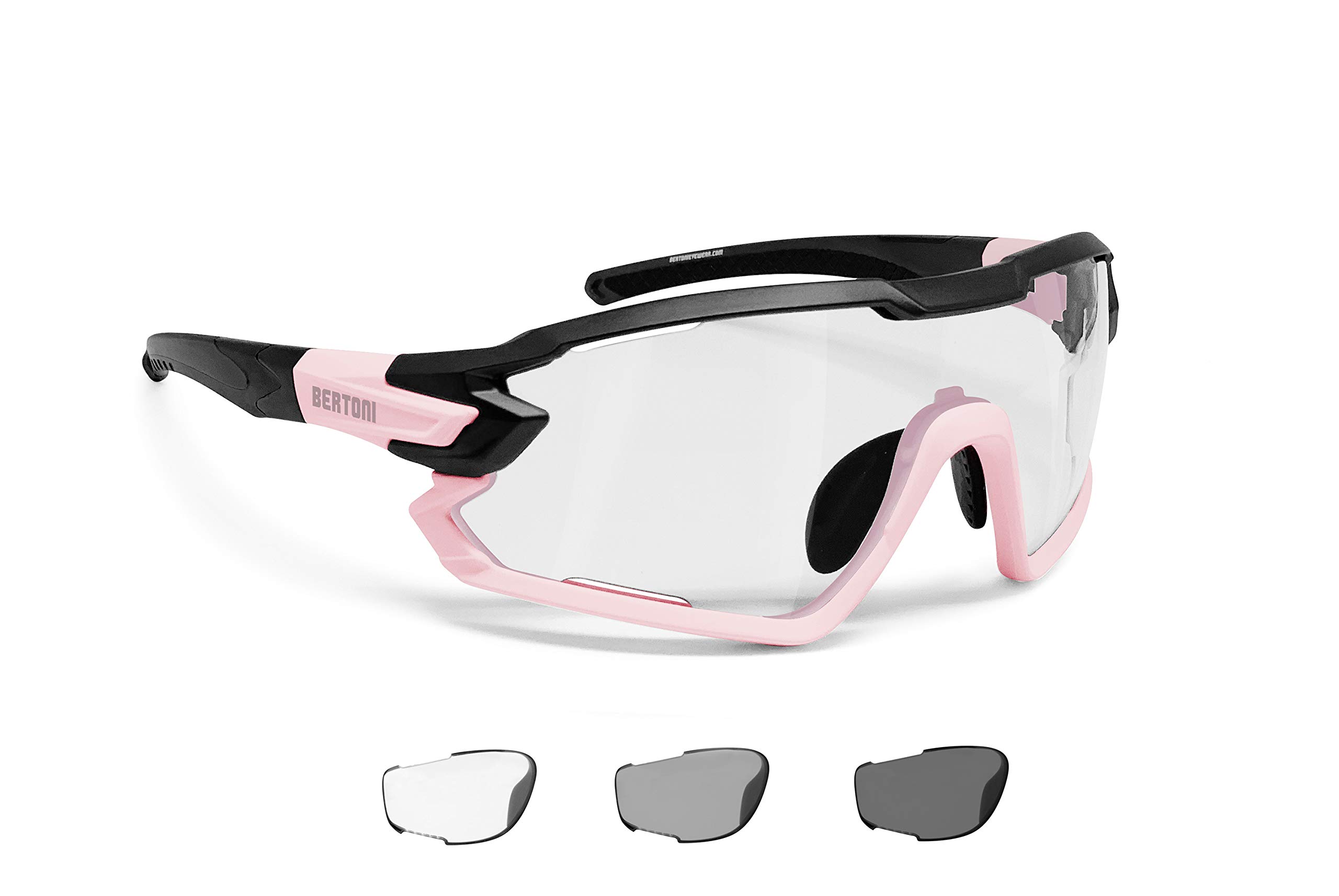 BERTONI Fahrradbrille Sport Sonnenbrille Radbrille MTB mit Sehstärke für Brillenträger mod. QUASAR (Schwartz-Rosa/Selbsttönende)