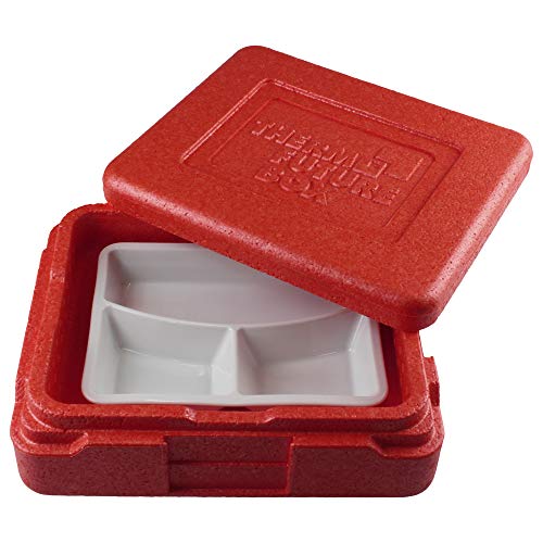 Thermo Future Box |Thermo Mini Menü Lunch Box rot|Lunchbox Set mit 3-geteilter Porzellanschale und Silikondeckel blau| Menübox mit Porzellan | Expandiertes Polypropylen | 3L