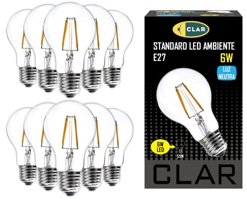 CLAR - LED-Glühbirnen E27 Neutral Light 6W, E27 Vintage LED Glühbirne, Edison Glühbirne (Fettsockel) Äquivalent zu 40W-60W, 6W Neutralweiß 4000ºK (Pack 10)