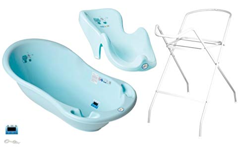 3er Set Baby-Badewanne Set ergonomische Babywanne 86 cm mit Stöpsel + Gestell + Badesitz Badewannensitz (3er Set, Katze und Hund Blau)
