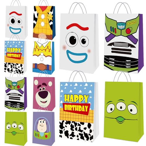 16 Stück Toy Story Geburtstagsparty-Geschenktüten, Spielzeug-Geburtstagsparty-Zubehör, praktische Goodie-Taschen mit Griffen, geeignet für Jungen und Mädchen, Kindergeburtstagsparty-Gastgeschenke