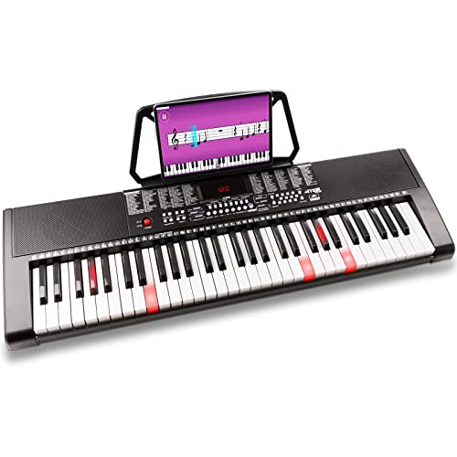 MAX KB5 - Digital Piano Keyboard für Anfänger, 61 Leuchttasten Lernsystem, Notenständer, 255 Sounds, 255 Rhythmen, Begleitautomatik, 3 stufiger Trainingsfunktion, E Klavier, Keyboard Piano - Schwarz