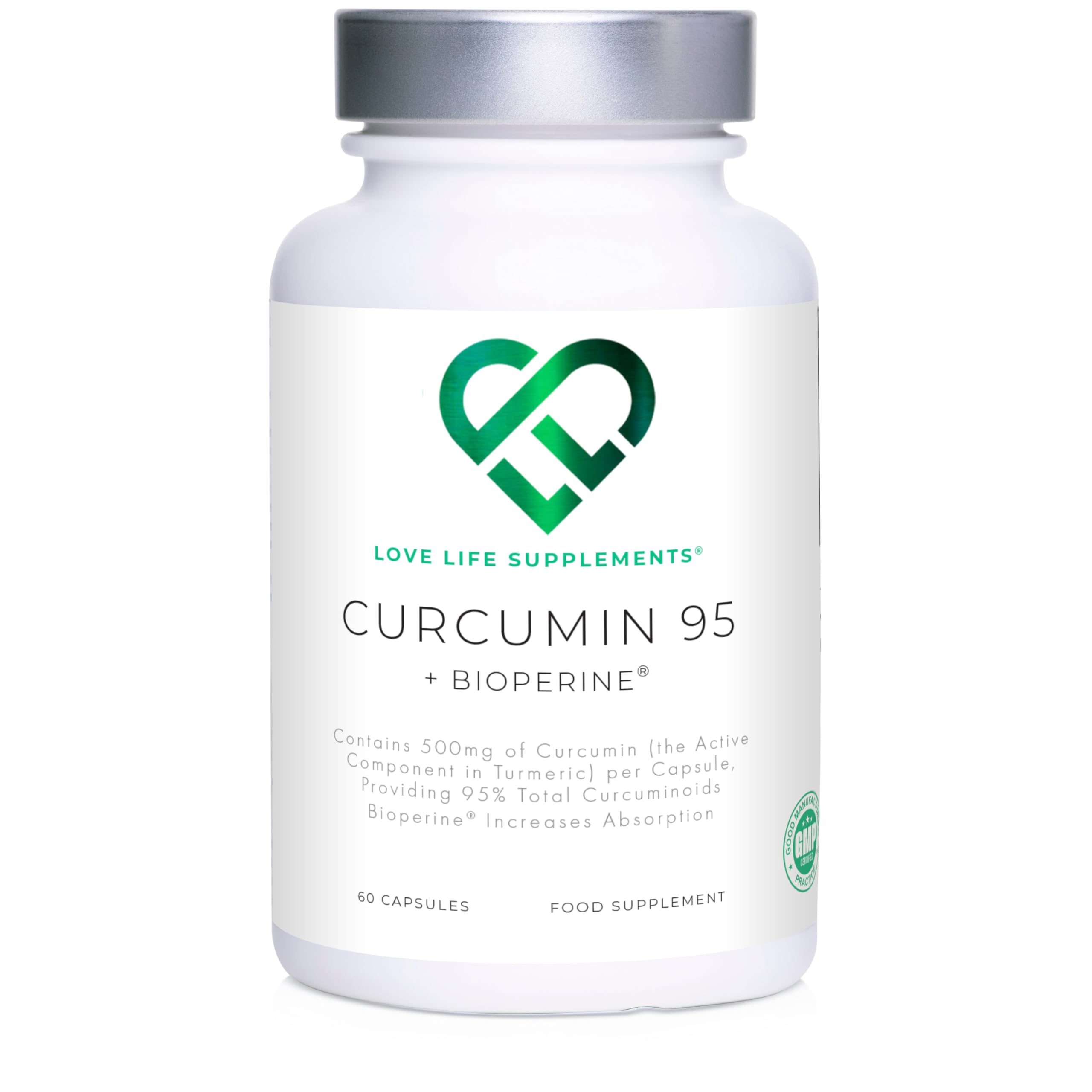 Love Life Supplements - Curcumin 95 mit Bioperin, 95% Curcuminoide, hohe Bioverfügbarkeit, 60 Vegane Kapseln
