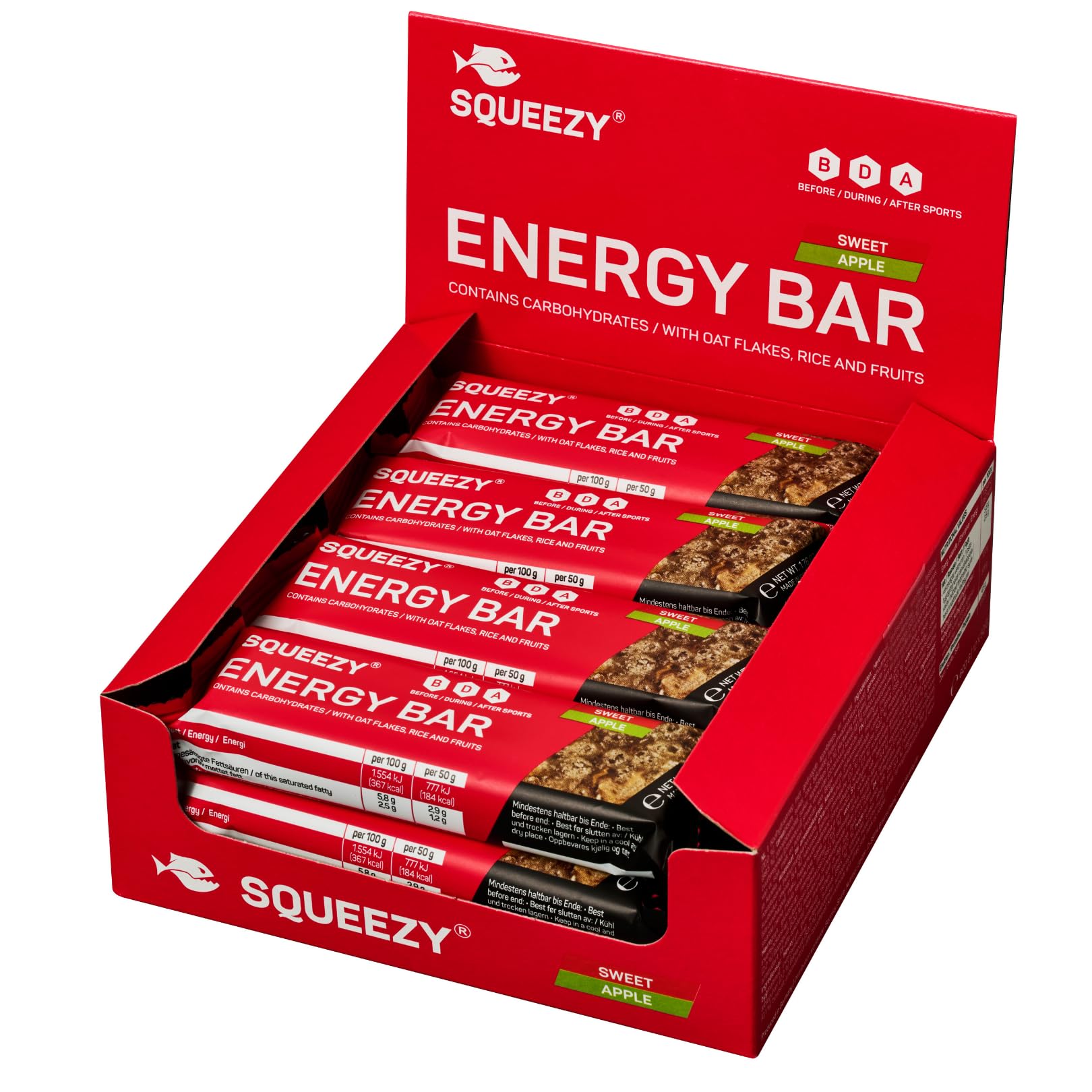 Squeezy Energy Bar (Apfel) 12er Pack - Kohlenhydratreicher Energieriegel - Fitness & Energie Booster für den Ausdauersport