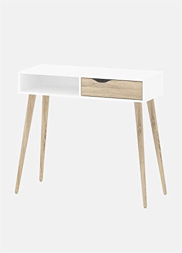 Dmora Konsolentisch mit einer Schublade und einem offenen Fach, Farbe Weiß und Eiche, 103 x 89 x 43 cm