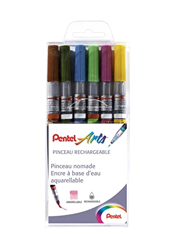 Pentel Arts Pack mit 6 nachfüllbaren Pinseln Color Brush XGFL: 1 x Hellgrün, 1 x Olivgrün, 1 x Braun, 1 x Purpur, 1 x Türkis, 1 x Gelb, Orange