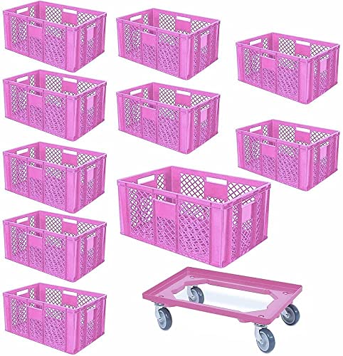 10 Eurobehälter, LxBxH 600x400x320 mm, lebensmittelecht + 1 Transportroller, pink