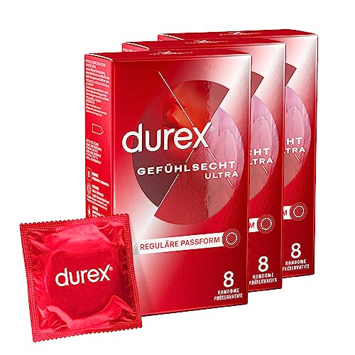 Durex Gefühlsecht Ultra Kondome – Sensi-Fit Kondome mit 20% dünnerem Material an der Spitze für intensiveres Empfinden – 3er Pack (3 x 8 Stück)