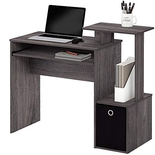BAKAJI Schreibtisch mit Schublade aus Stoff, Tisch für PC, Computer, mit Regal, Holzwerkstoff, grau, Standard