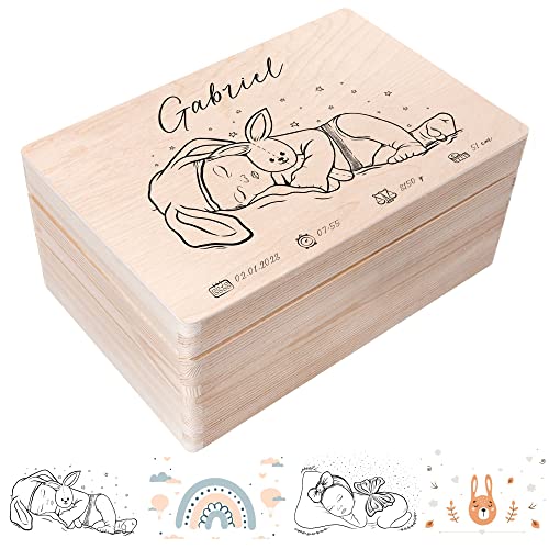 Creative Deco Erinnerungsbox Baby Holzkiste Personalisiert | 30 x 20 x 14 cm (+/-1cm) | Junge/Mädchen Motive für Geburt & Taufe | Groß Natur Geschenk Spielzeugkiste Holzbox mit Deckel und Gravur