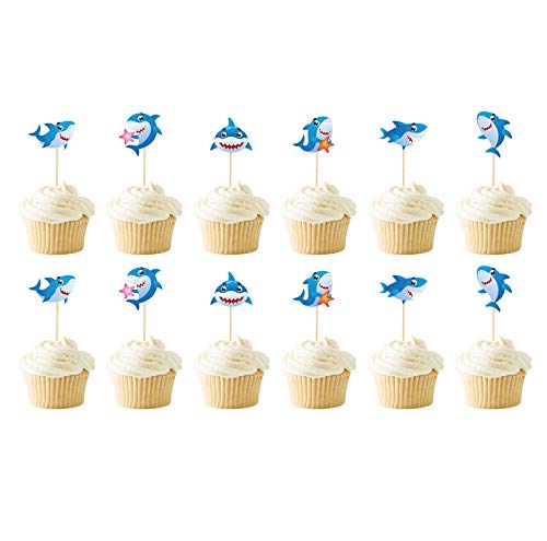 Hai-Cupcake-Topper, 12 Stück, Geburtstagsparty-Dekorationen, Ozean-Thema, Babyparty, Haifisch-Form, Cupcake-Dekoration für Kinder (blau)