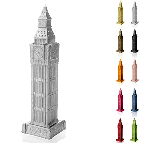 Candellana Kerze Big Ben | Höhe: 32,8 cm | Silber | Brennzeit 70h | Handgefertigt in der EU